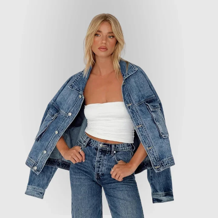 Blazer oversize en denim bleu pour femme, effet rétro 1