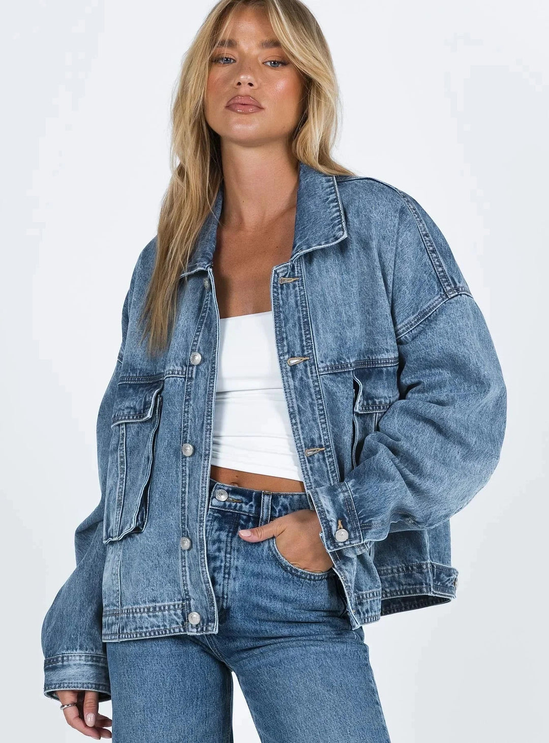 Blazer oversize en denim bleu pour femme, effet rétro 2
