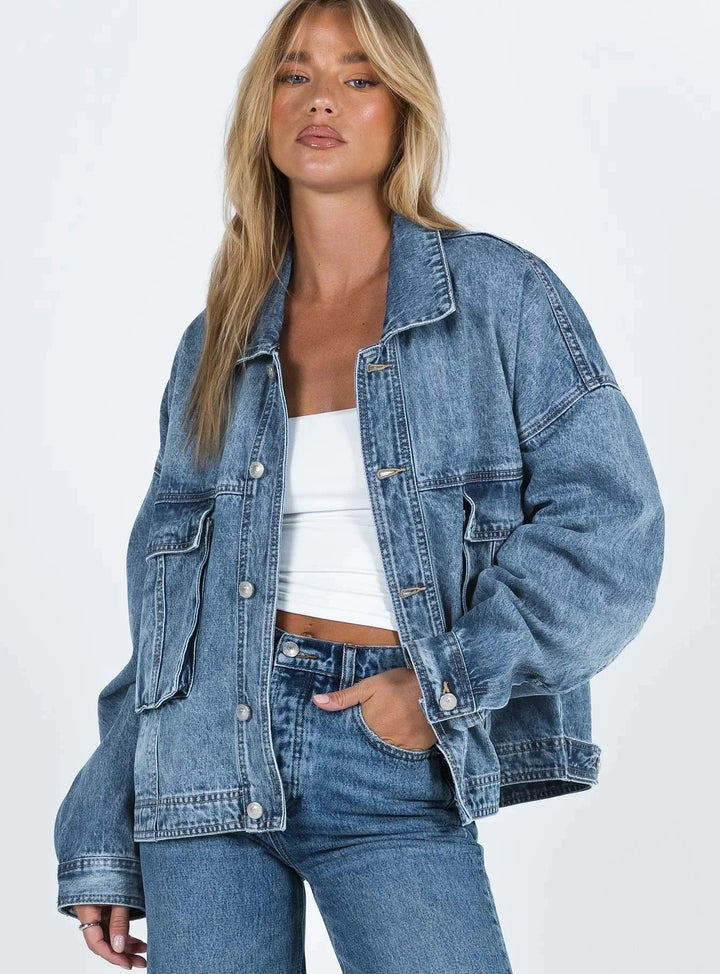 Blazer oversize en denim bleu pour femme, effet rétro 2