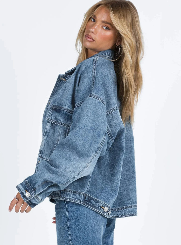 Blazer oversize en denim bleu pour femme, effet rétro 3