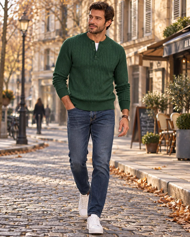 Calder Pull Henley | Maille Torsadée, Col Boutonné, Manches Longues 0