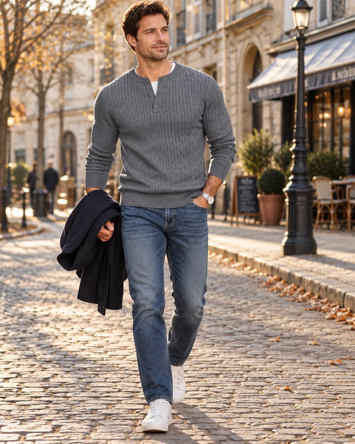 Calder Pull Henley | Maille Torsadée, Col Boutonné, Manches Longues 2