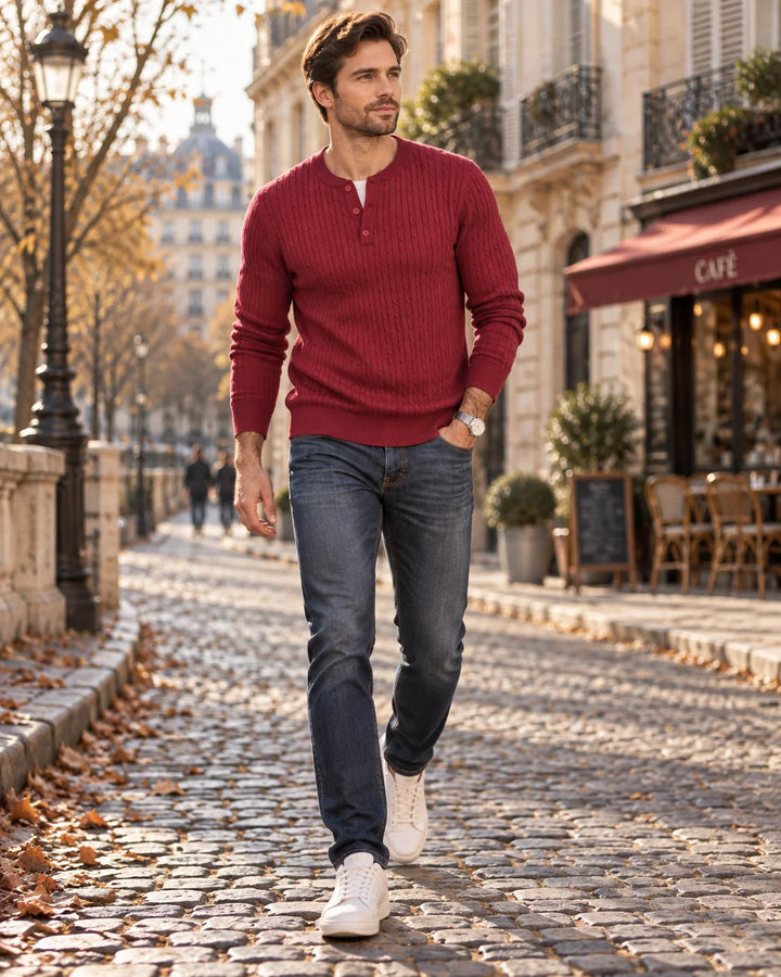 Calder Pull Henley | Maille Torsadée, Col Boutonné, Manches Longues 4
