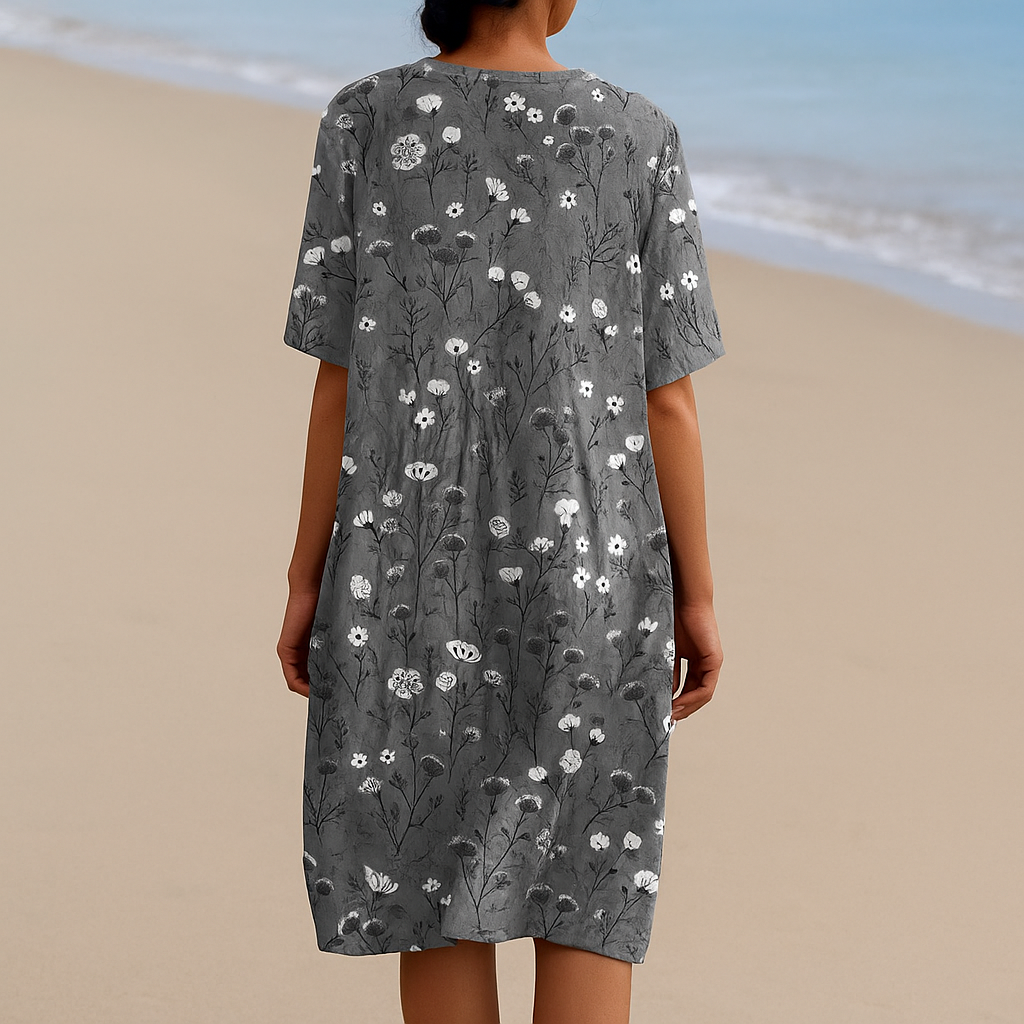 NOÉMIE | Robe grise avec des fleurs blanches