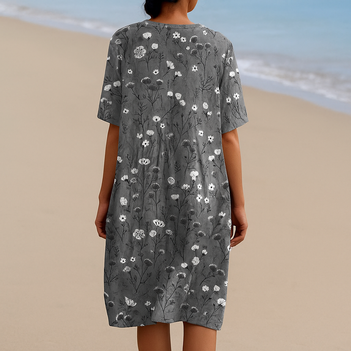 NOÉMIE | Robe grise avec des fleurs blanches