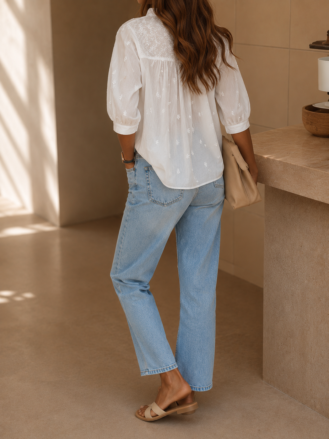 Blouse Femme Col en V – Manches Bouffantes Patchwork