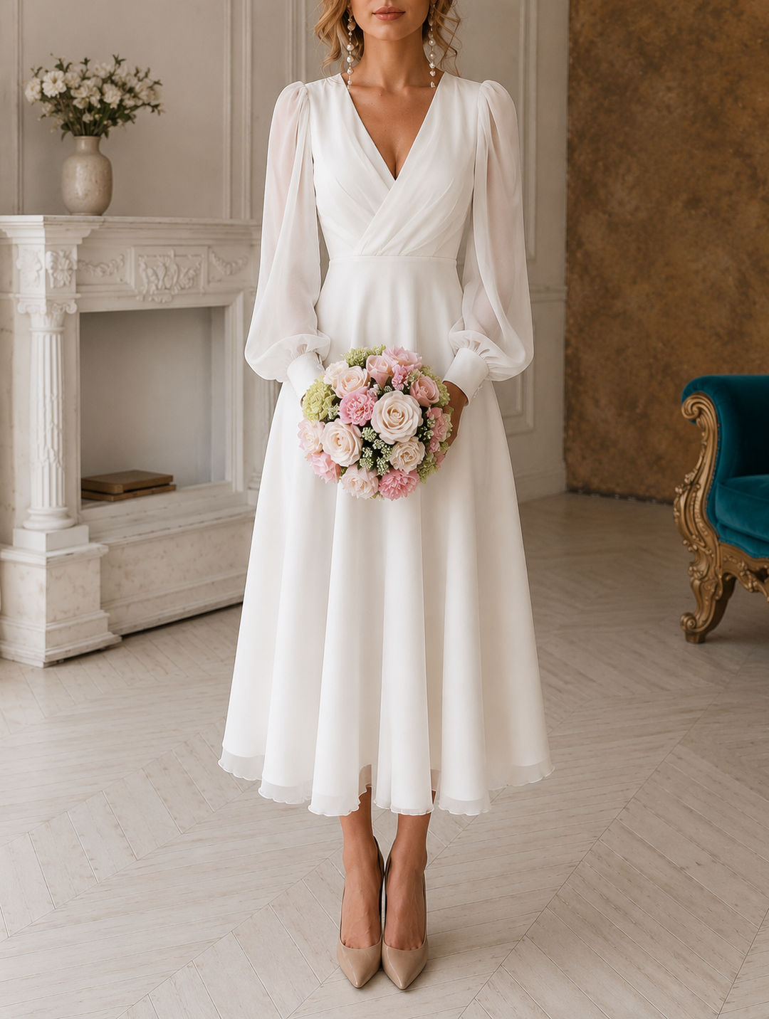 Robe de mariée midi élégante manches bouffantes coupe ajustée
