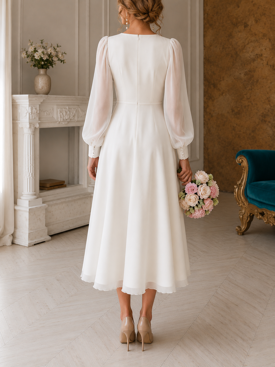 Robe de mariée midi élégante manches bouffantes coupe ajustée