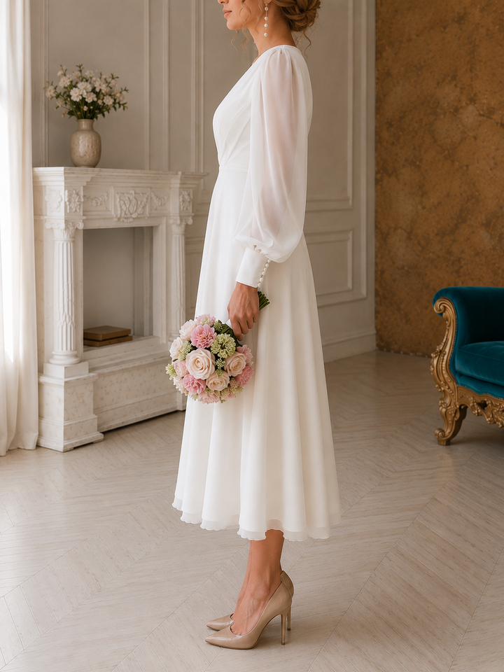 Robe de mariée midi élégante manches bouffantes coupe ajustée