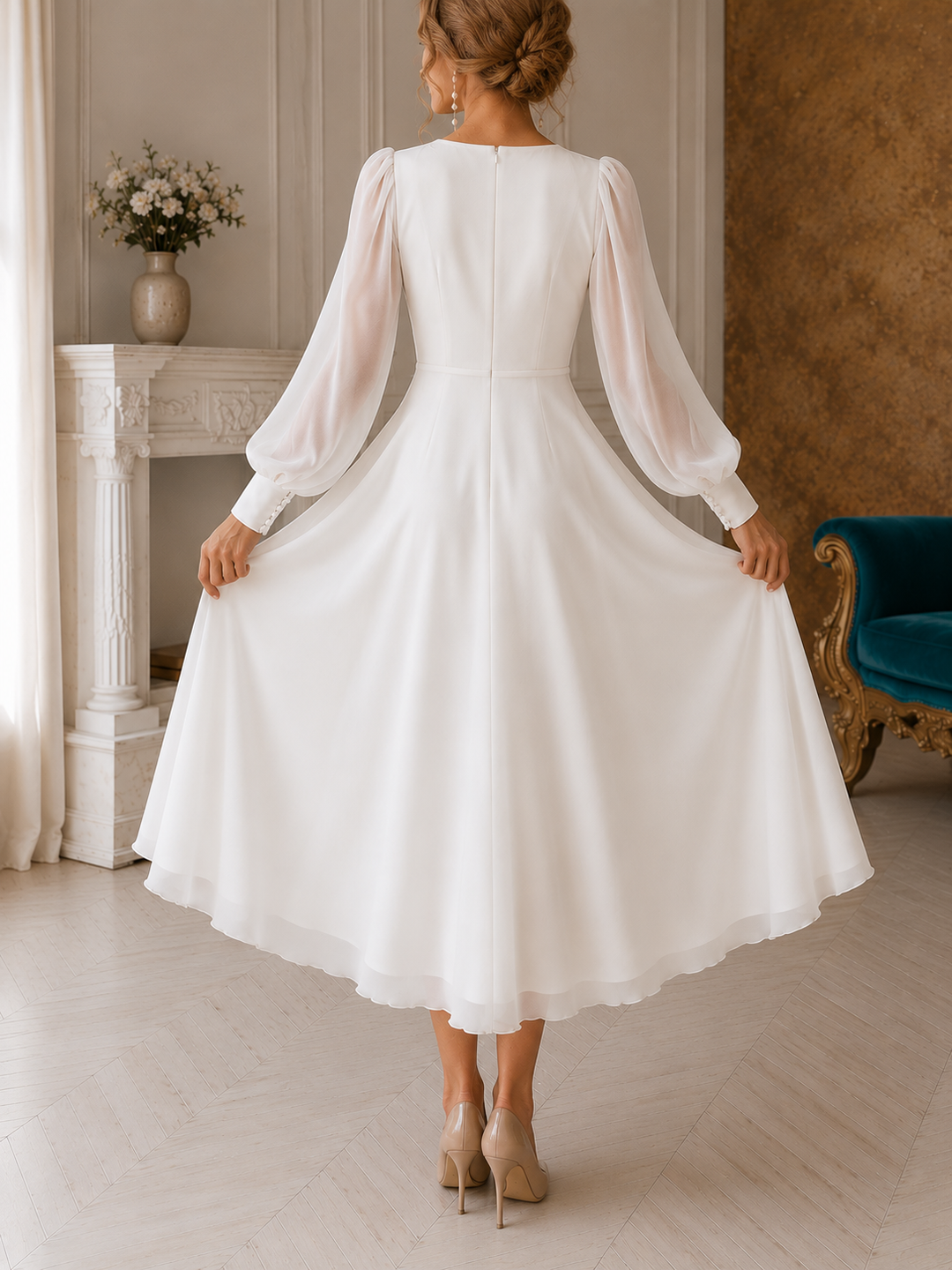 Robe de mariée midi élégante manches bouffantes coupe ajustée