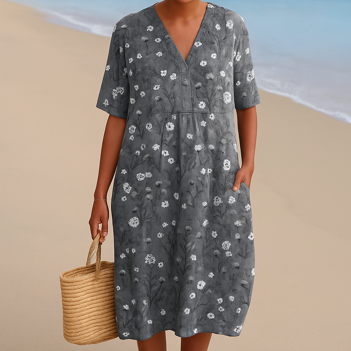 NOÉMIE | Robe grise avec des fleurs blanches
