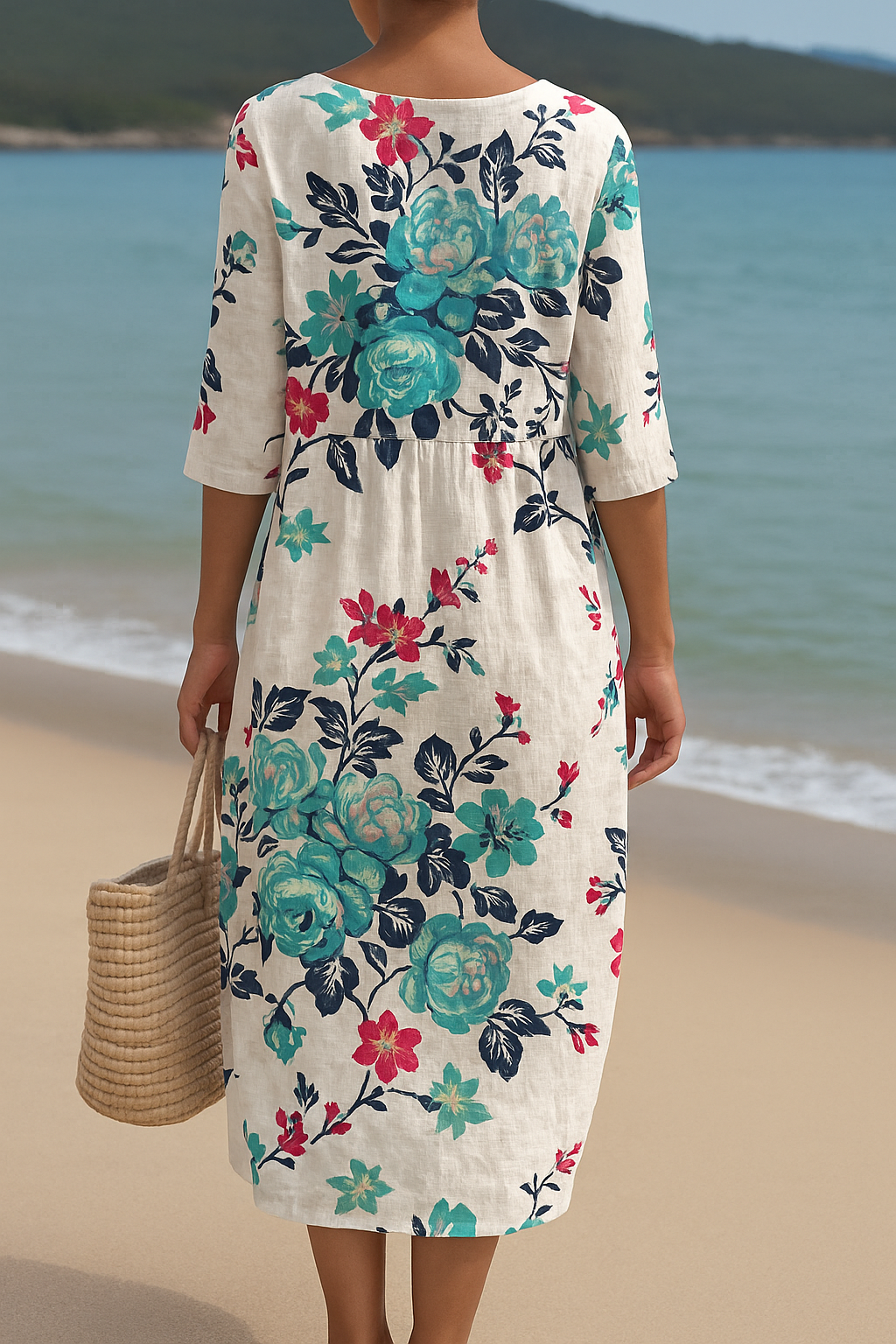 Élodie | Robe longue blanche avec des fleurs turquoise