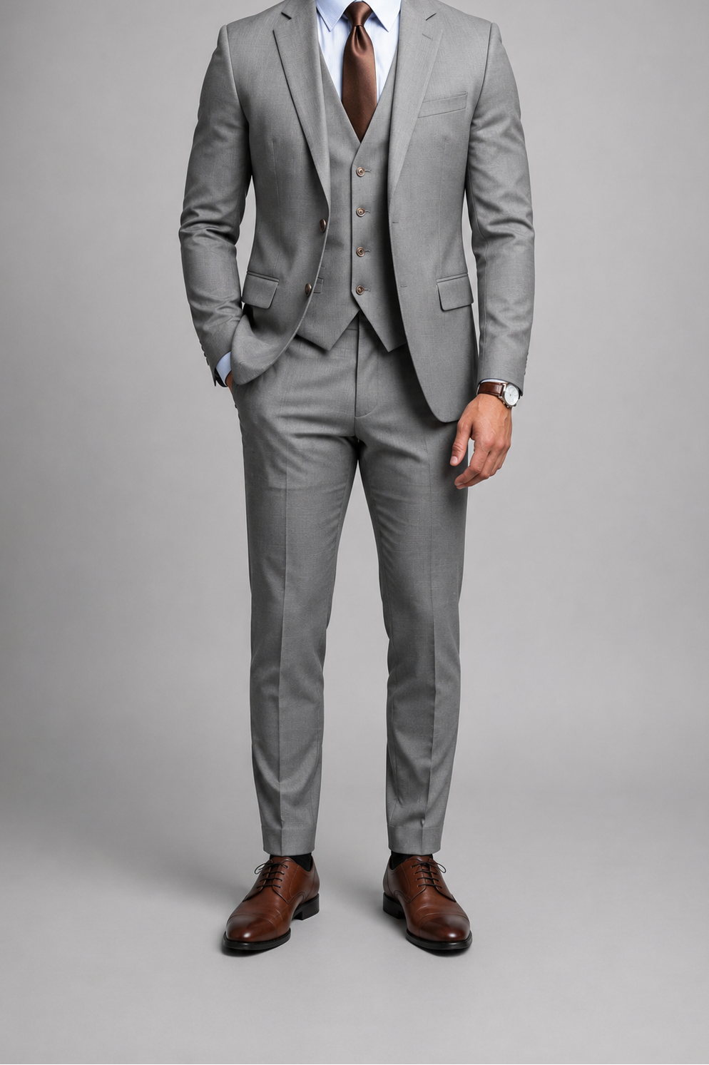 Costume homme trois pièces gris deux boutons élégant formel mariage