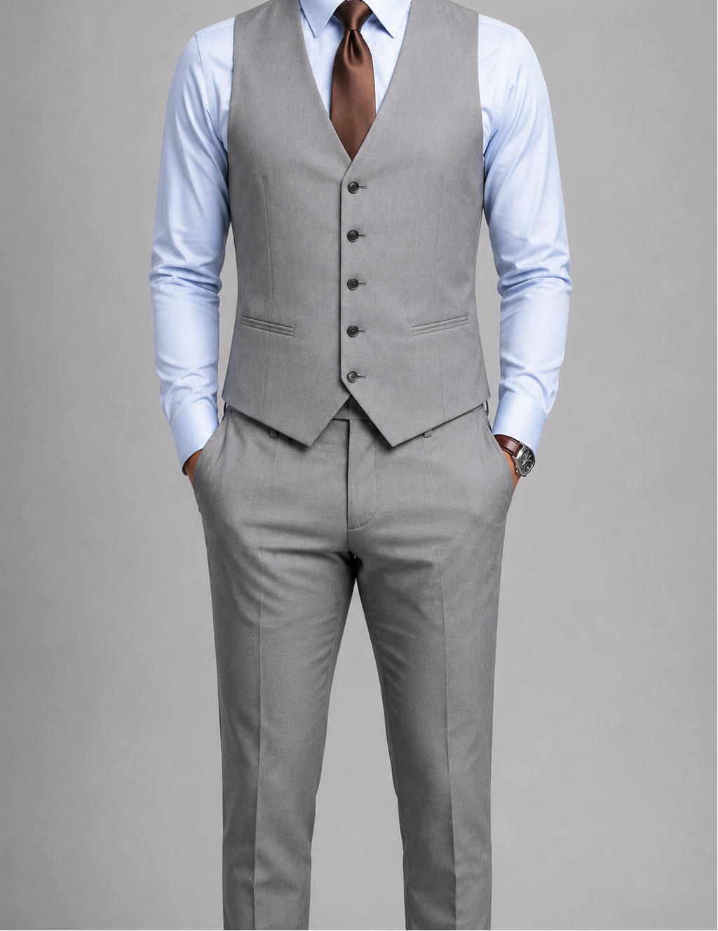 Costume homme trois pièces gris deux boutons élégant formel mariage