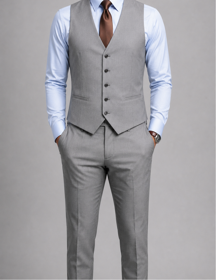 Costume homme trois pièces gris deux boutons élégant formel mariage