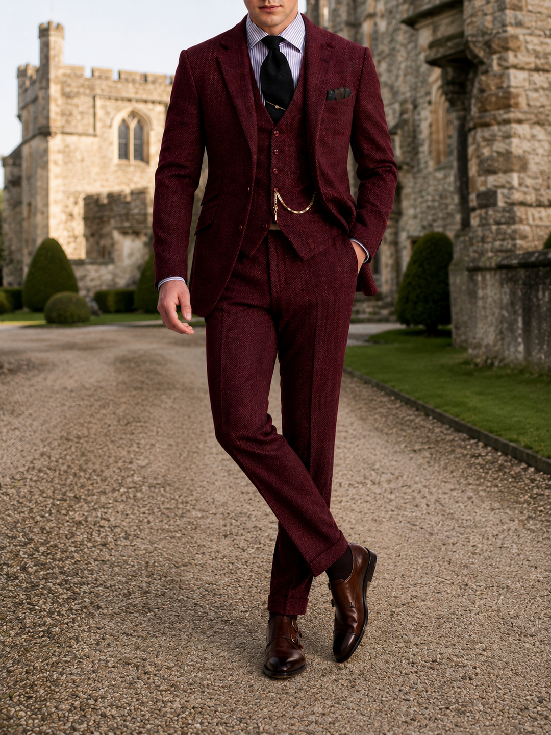 Ensemble homme trois pièces bordeaux coordonné élégant mariage