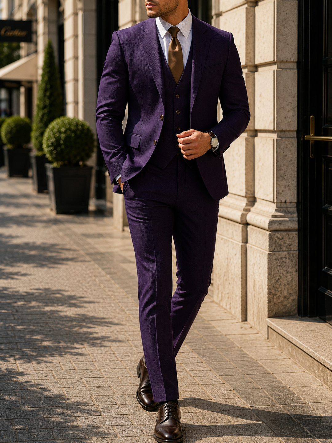 Costume homme trois pièces gris deux boutons élégant formel mariage