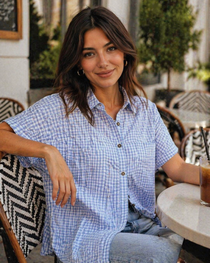 Chemise élégante Dalia pour femme – Top d'été à col V, boutons, poches, style décontracté chic 0