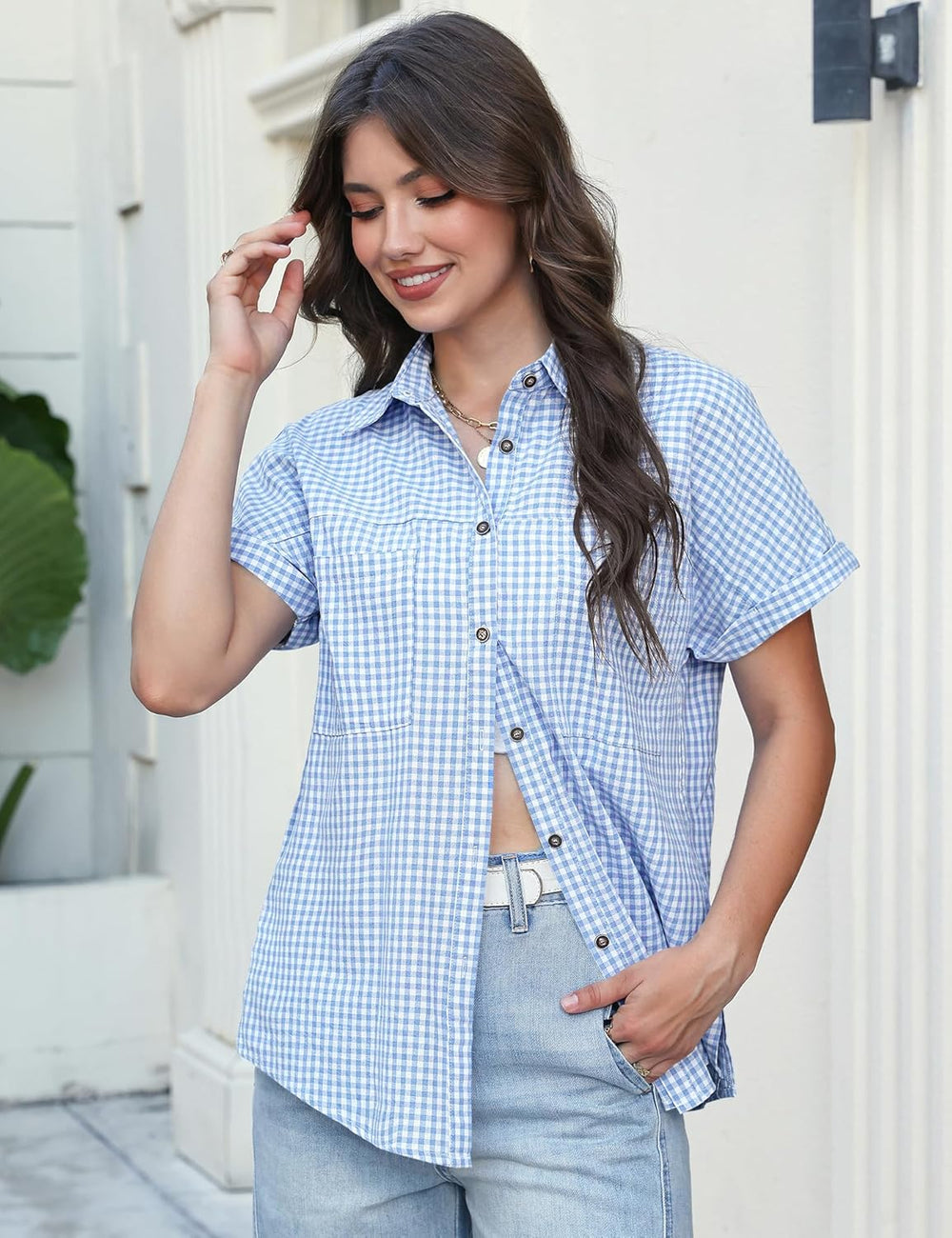 Chemise élégante Dalia pour femme – Top d'été à col V, boutons, poches, style décontracté chic 1