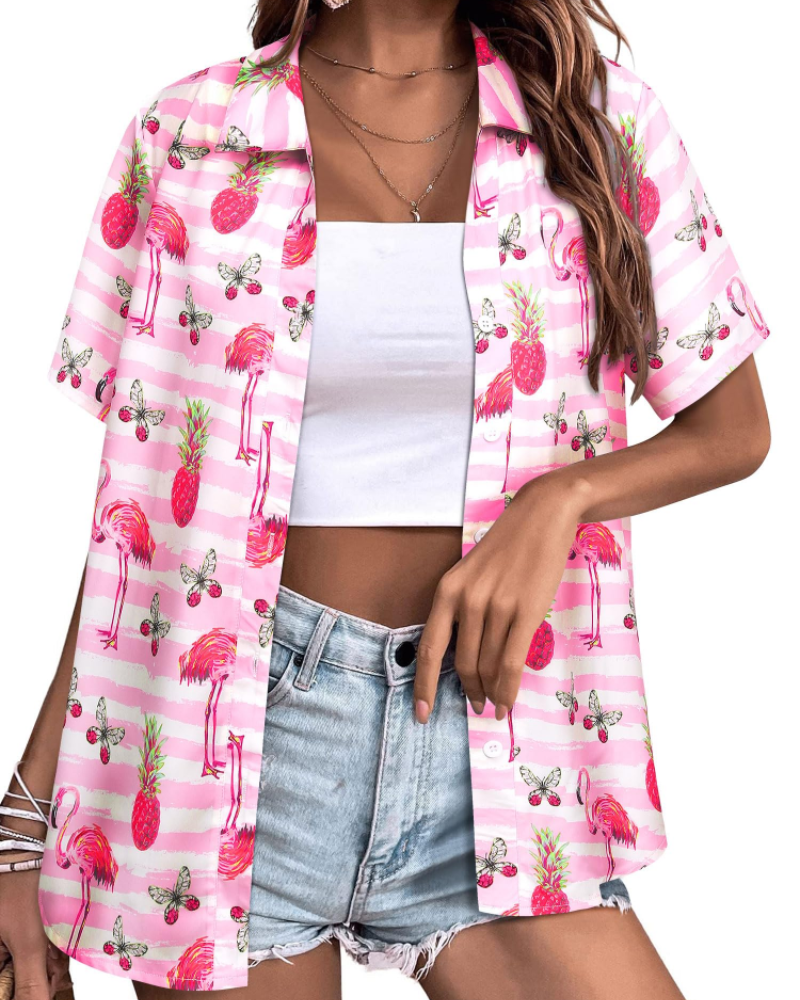 Chemise hawaïenne Sloane pour femme – Haut d'été fleuri, col en V, manches courtes, style décontracté 0