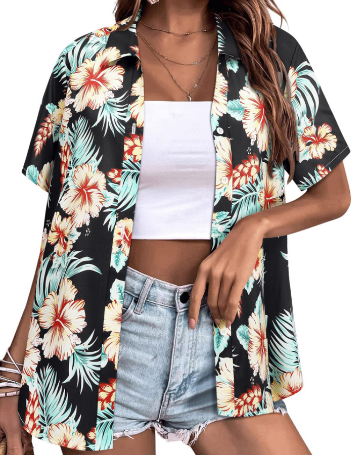 Chemise hawaïenne Sloane pour femme – Haut d'été fleuri, col en V, manches courtes, style décontracté 10