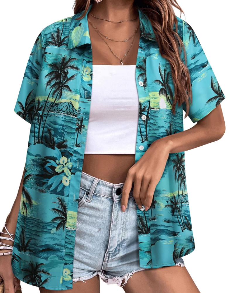 Chemise hawaïenne Sloane pour femme – Haut d'été fleuri, col en V, manches courtes, style décontracté 11
