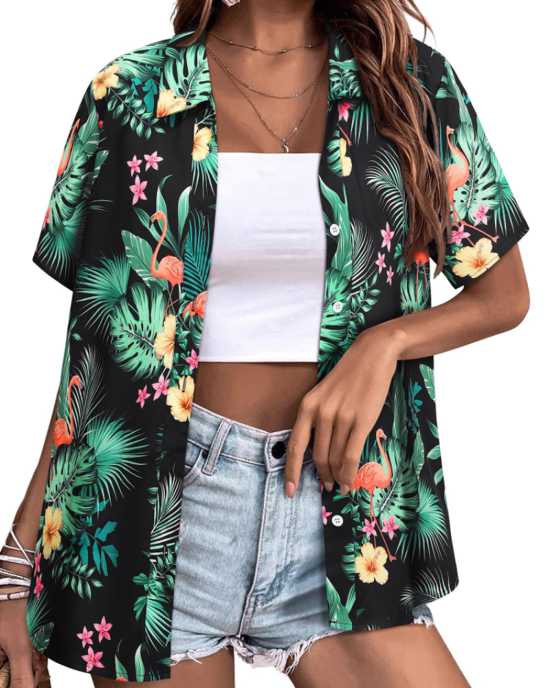 Chemise hawaïenne Sloane pour femme – Haut d'été fleuri, col en V, manches courtes, style décontracté 9