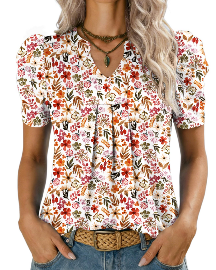 Chemisier élégant pour femme Zivelie – Top d'été à col V, manches courtes bouffantes, style décontracté chic 3