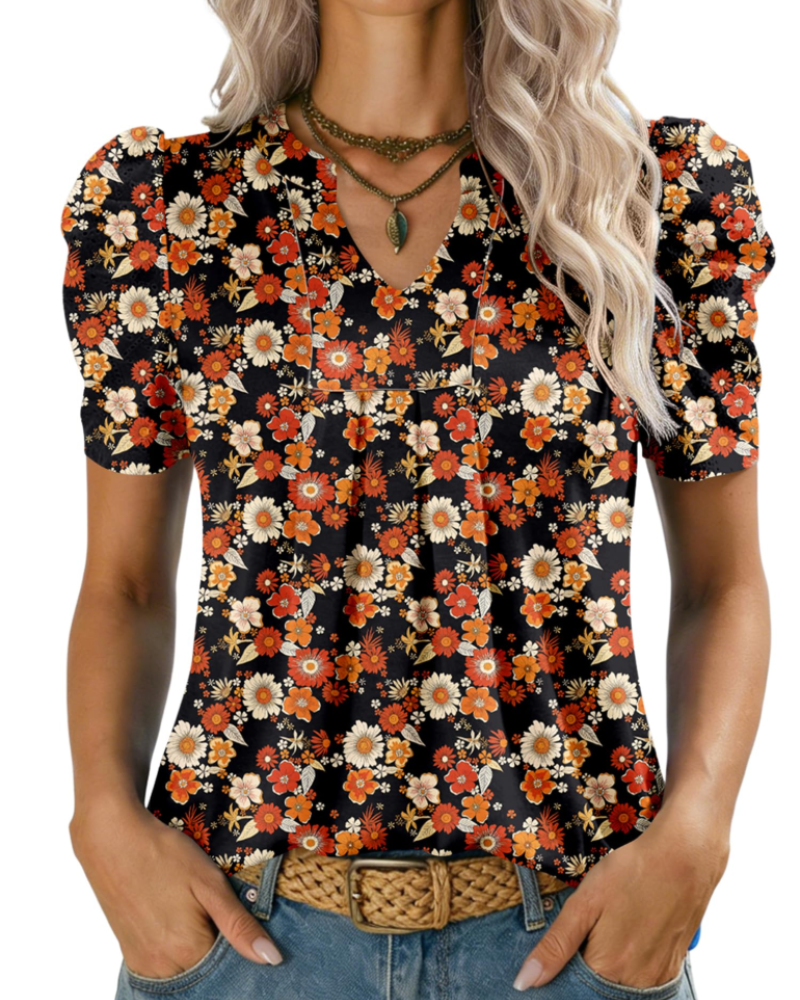 Chemisier élégant pour femme Zivelie – Top d'été à col V, manches courtes bouffantes, style décontracté chic 7