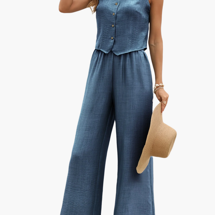 Combinaison élégante deux pièces pour femme, composée d'un gilet et d'un pantalon large – Tenue décontractée et estivale 10