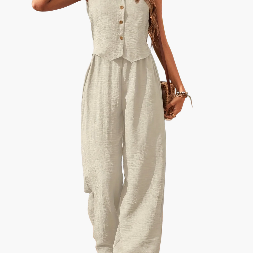 Combinaison élégante deux pièces pour femme, composée d'un gilet et d'un pantalon large – Tenue décontractée et estivale 11