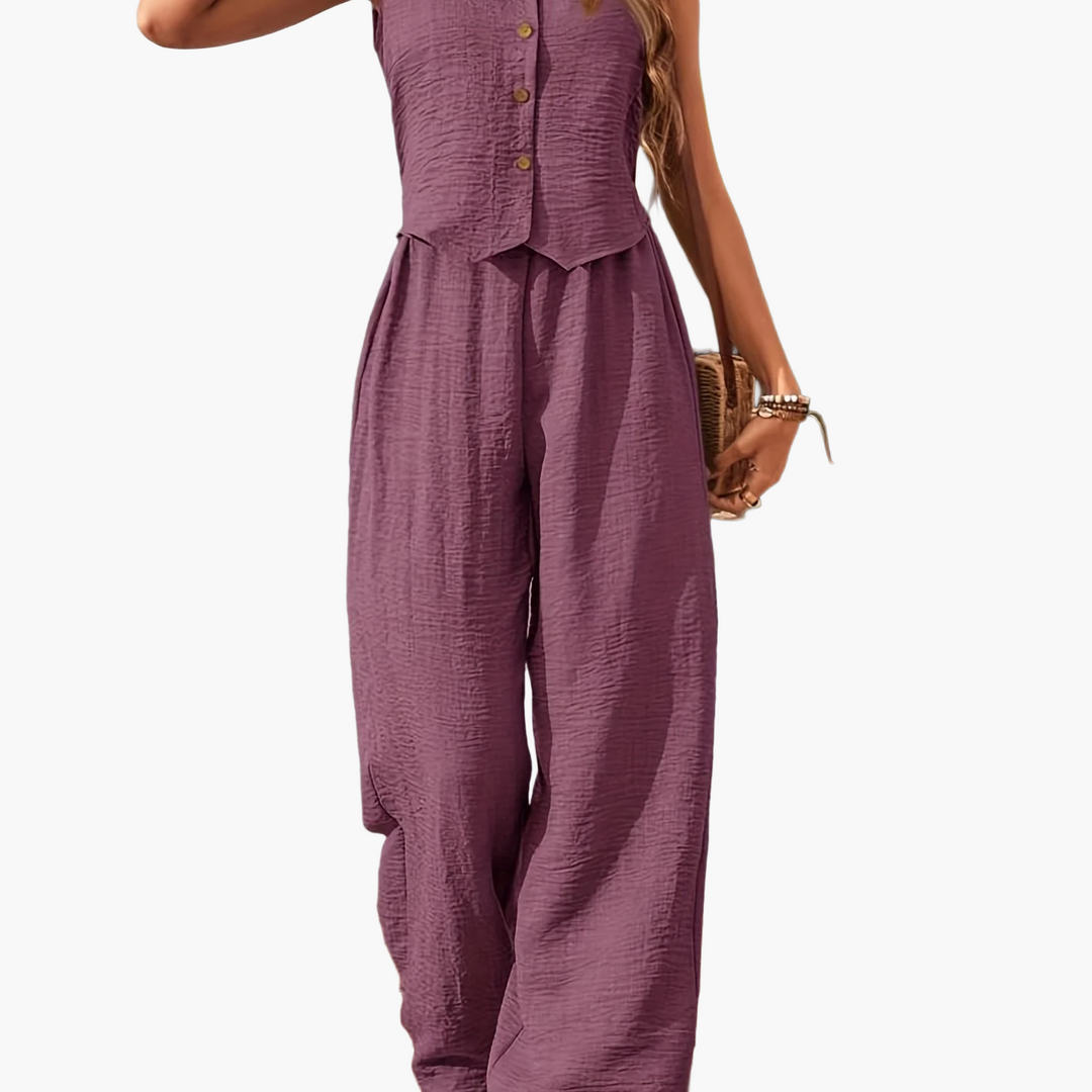 Combinaison élégante deux pièces pour femme, composée d'un gilet et d'un pantalon large – Tenue décontractée et estivale 12