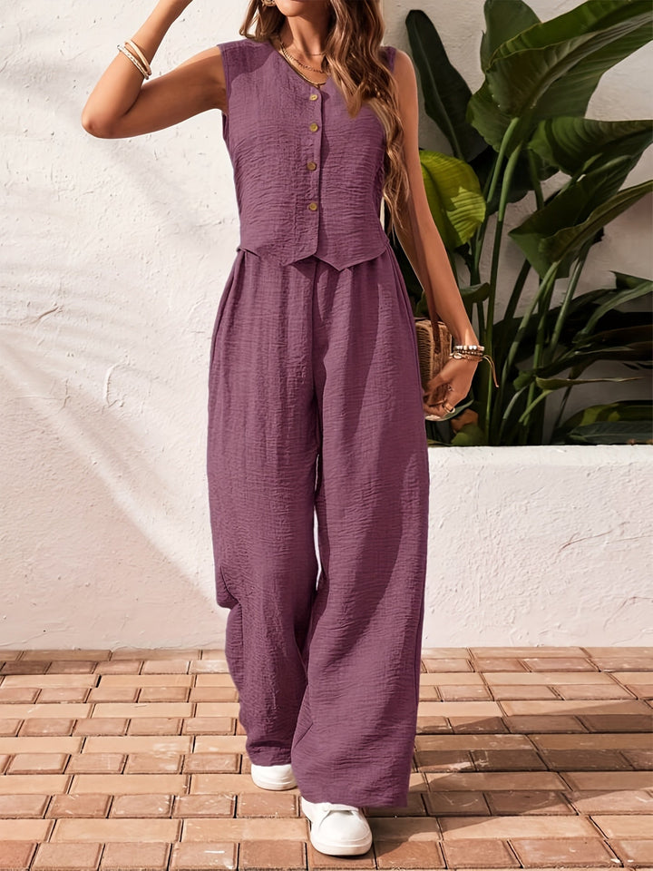 Combinaison élégante deux pièces pour femme, composée d'un gilet et d'un pantalon large – Tenue décontractée et estivale 3