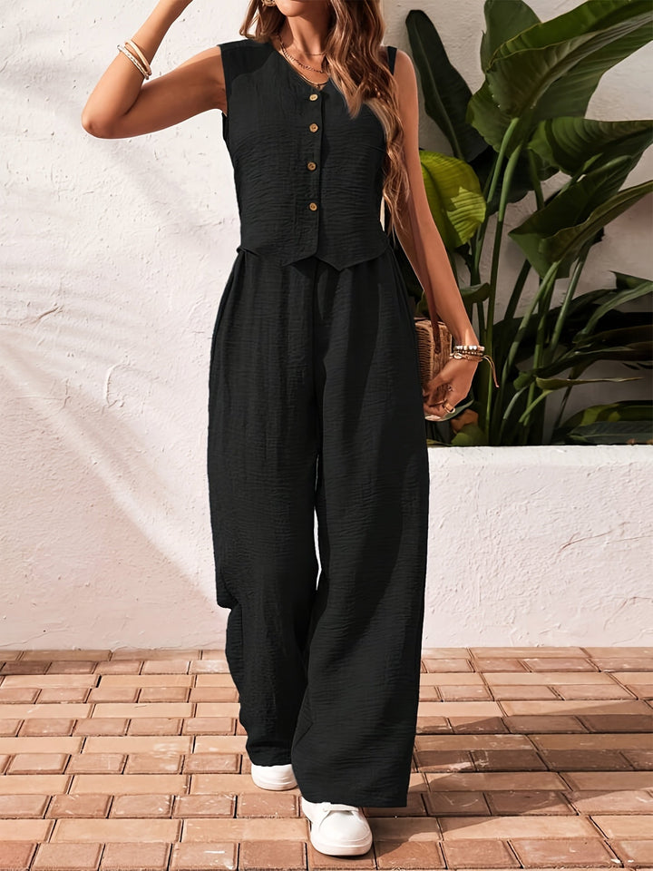 Combinaison élégante deux pièces pour femme, composée d'un gilet et d'un pantalon large – Tenue décontractée et estivale 4