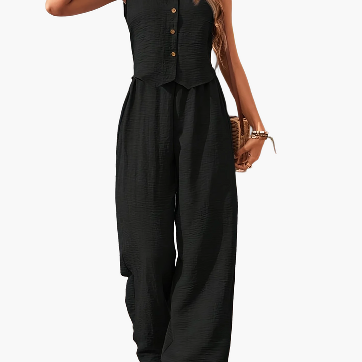 Combinaison élégante deux pièces pour femme, composée d'un gilet et d'un pantalon large – Tenue décontractée et estivale 9