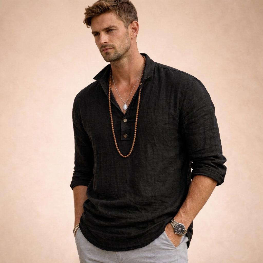 Daan - Chemise décontractée en lin pour homme, col Henley et boutons 2