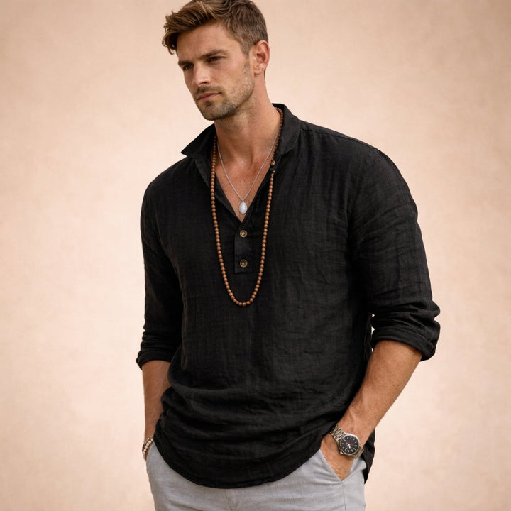 Daan - Chemise décontractée en lin pour homme, col Henley et boutons 2
