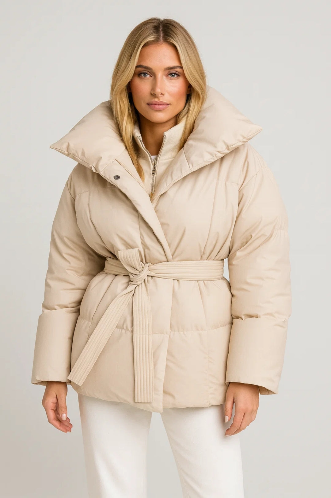 Doudoune femme ceinturée | Veste matelassée à col oversize hiver