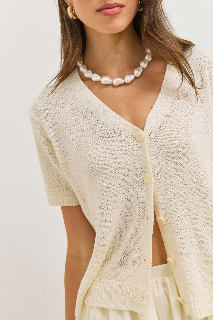 Gilet court pour femme, col V, manches courtes, boutons, maille texturée 0