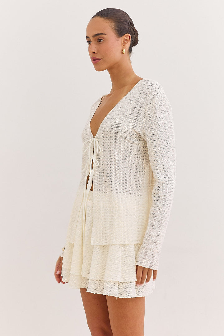 Gilet pour femme, col en V à nouer, manches longues, maille ajourée 3