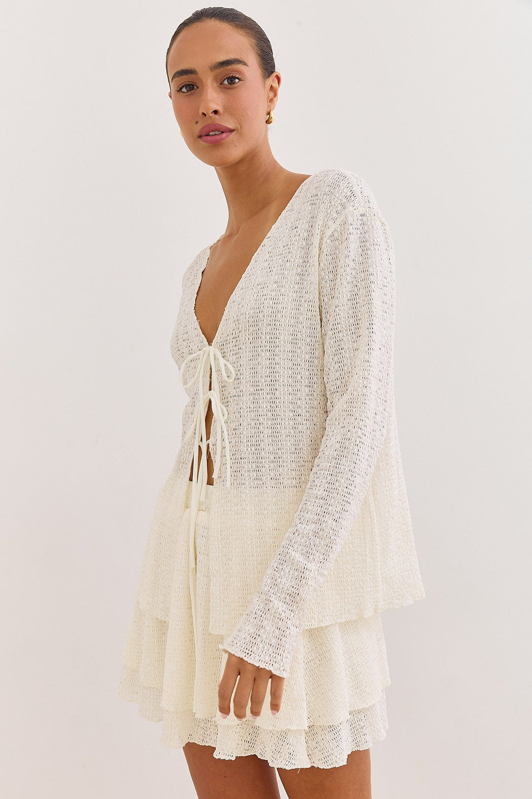 Gilet pour femme, col en V à nouer, manches longues, maille ajourée 4