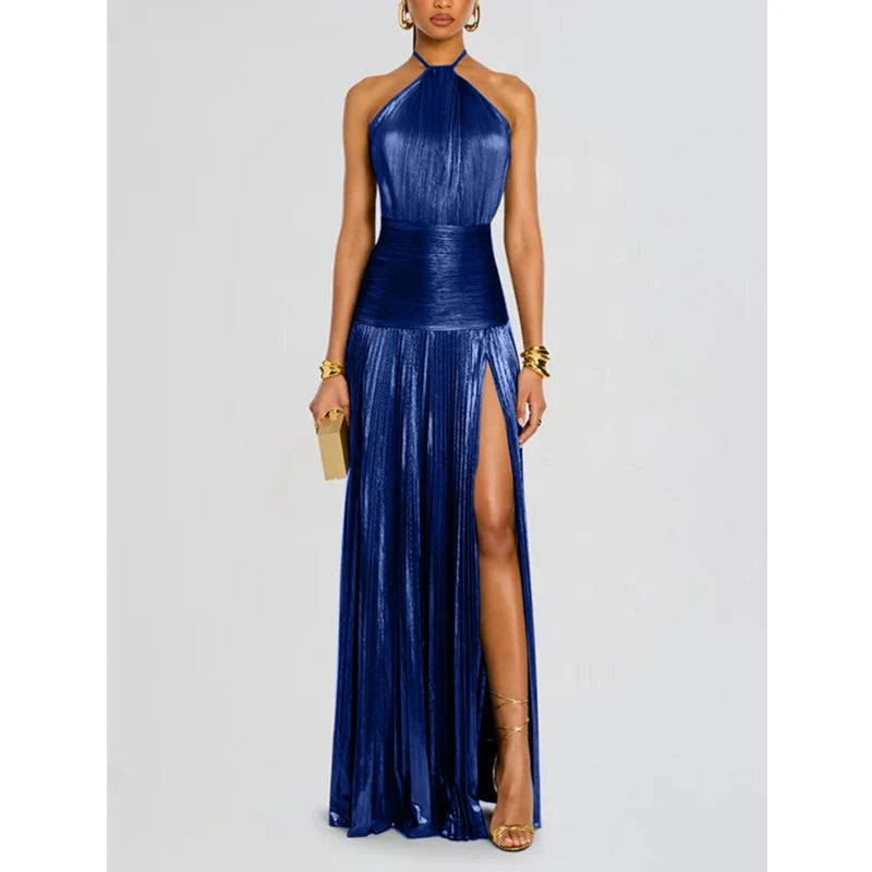 Giselle | Robe longue plissée dos nu à fente haute pour femme 13