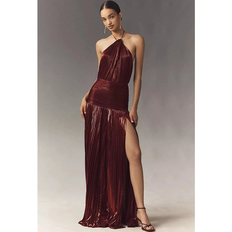 Giselle | Robe longue plissée dos nu à fente haute pour femme 15