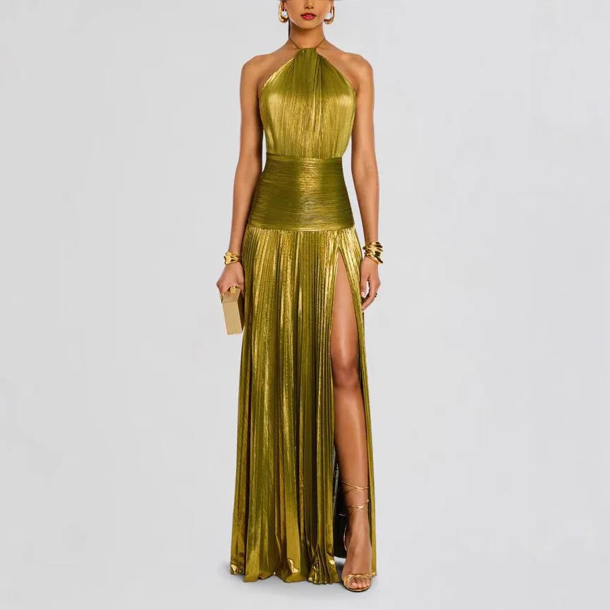 Giselle | Robe longue plissée dos nu à fente haute pour femme 17