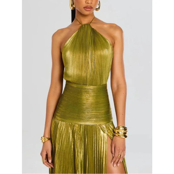 Giselle | Robe longue plissée dos nu à fente haute pour femme 3