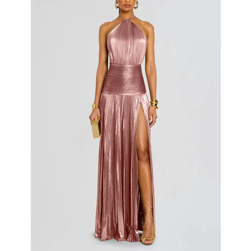 Giselle | Robe longue plissée dos nu à fente haute pour femme 8