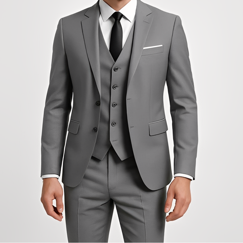Costume homme trois pièces gris coupe ajustée cérémonie élégant