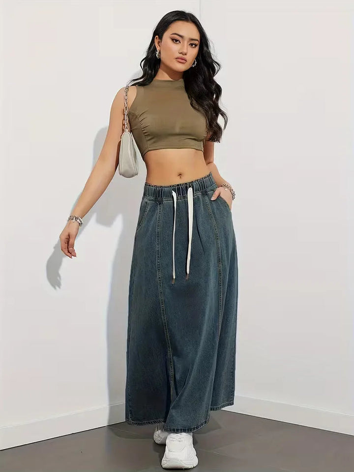 Jupe maxi en denim femme a taille elastique - Confortable et pratique 1