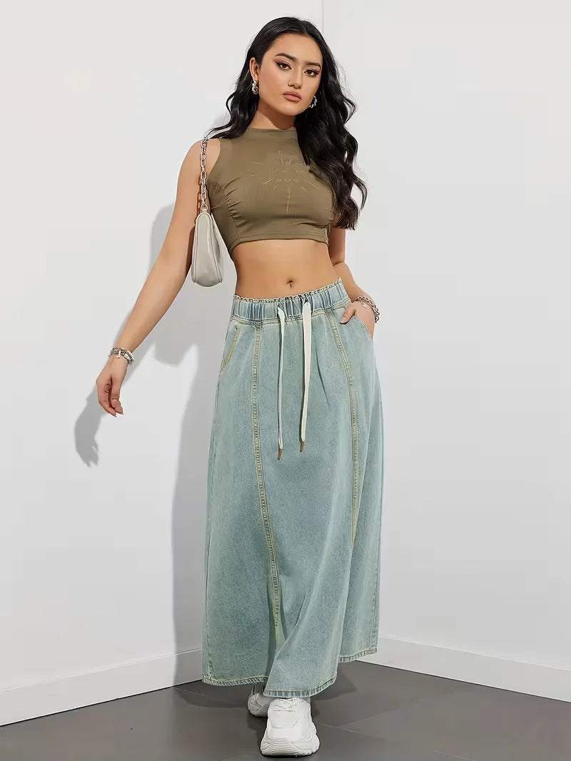 Jupe maxi en denim femme a taille elastique - Confortable et pratique 7