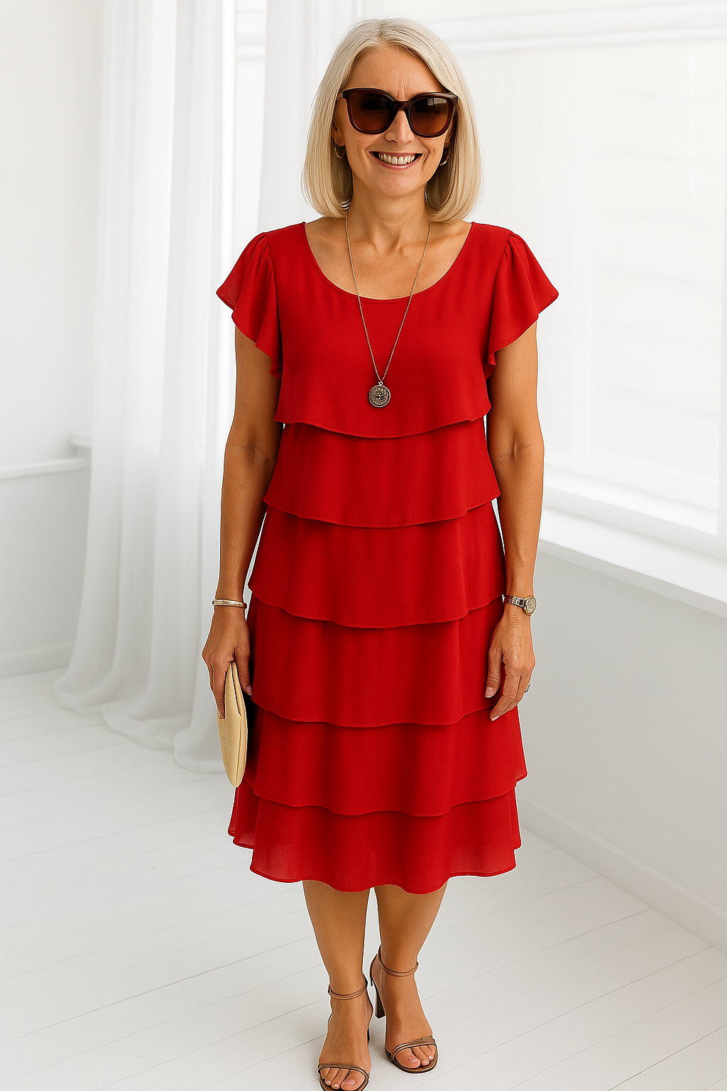 Karen | Robe midi à manches courtes et volants pour femme 0